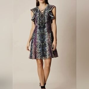 Karen Millen Multicolor Lace-Up Ruffle Mini Dress Size 6 In Excellent Condition